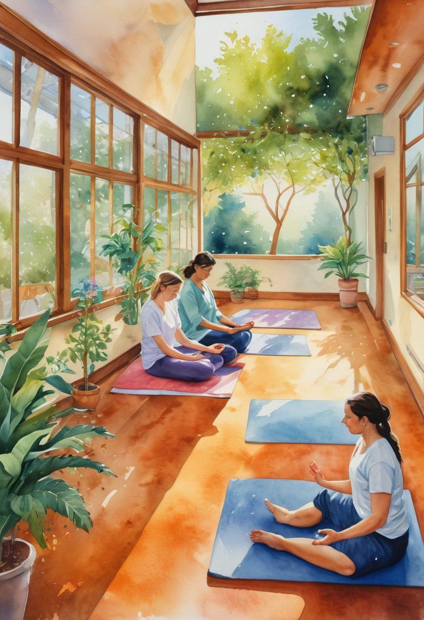 A serene scene depicting two paths: one symbolizes lifestyle changes with elements like yoga, healthy food, and nature, while the other showcases medical advancements with high-tech devices and compassionate healthcare professionals. In the background, a harmonious community space where people are engaged in holistic practices and medical consultations. Soft, warm lighting to create an inviting atmosphere. watercolor painting. vibrant colors.