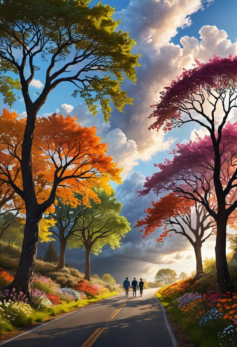 A winding road symbolizing a journey, lined with hopeful trees and vibrant flowers, illustrating resilience and transformation. In the foreground, silhouettes of diverse individuals, each showcasing different stages of recovery, holding hands and sharing stories. Soft sunlight filters through clouds above, casting a warm glow on the scene, representing support and hope. super-realistic. vibrant colors. peaceful atmosphere.